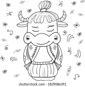 Cartoon Bull of kokeshi Samurai. Asian style. Cartoon Coloring illustration