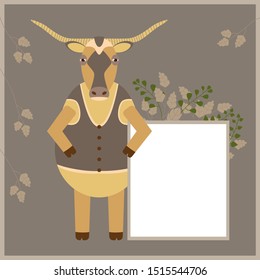 Cartoon bull with long horns holds a white sheet for advertising. Simple vector flat illustration. White blank, board with empty place for your text. Cute animal cow character.