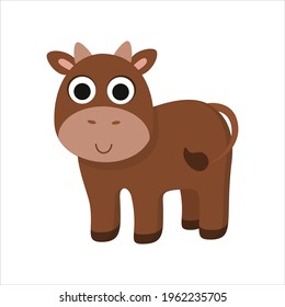 The cartoon bull is merrily standing sideways. Illustration with the animal symbol of 2021. Vector illustration of a cow in cartoon style. Funny, brown calf, cattle