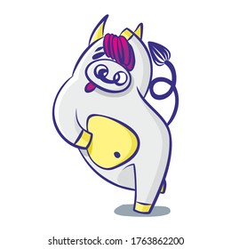 Cartoon bull with pink hair dancing on a white background. Isolated object 