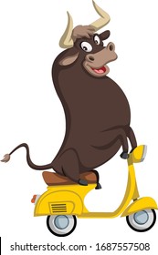 Cartoon bull riding a small scooter. Funny bull driving a yellow motorbike.