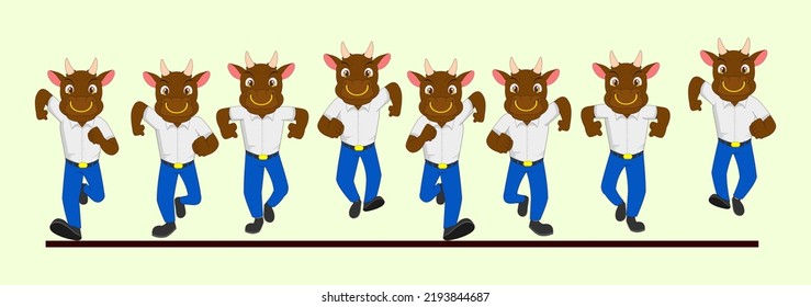 Cartoon Bull As A School Kid, Frame By Frame  Front Run Cycle. Can Be Used For 2D Animation, Motion Graphics, Explanatory Animated Videos, Posters