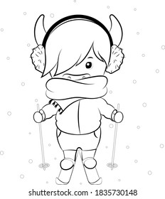 Cartoon bull skier in a warm jacket, scarf and headphones. Coloring.