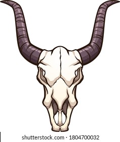 Cartoon bull skull front view with dark horns. Vector clip art illustration. All on a single layer.
