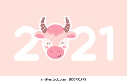 Cartoon Bull, Symbol des Jahres. Chinesisches Neujahr 2021. Vektorgrafik auf rosafarbenem Hintergrund.