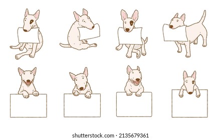 Cartoon bull terrier dog with blank paper. Dog above banner or sign illustration