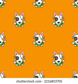 Cartoon bull terrier dog with halloween costume seamless pattern background for design.