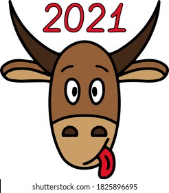 Cartoon bull and tongue   horns  symbol the new year 2021  Cute hand drawn illustration  Can be used for notebooks  gifts  postcards  packaging  clothing  decoration  wrapping paper 