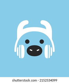 Cartoon Bull wearing a headset, enjoy the music, vector