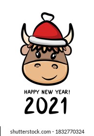 Cartoon bull wearing a santa hat. New Year and Christmas card. Vector illustration.