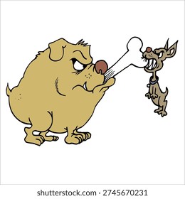 Cartoon Bulldog Holding Bone with Tiny Dog Biting It, Funny Vector Illustration Isolated on Black Background