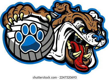 cartoon bulldog mascot holding volleyball for school, college or league sports