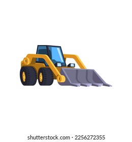 Cartoon bulldozer isolated on white. Construction equipment. Vector illustration of element for engineering. Machinery, building work concept