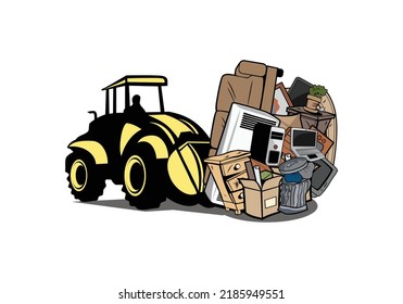 Cartoon of bulldozer moving household junk design illustration vector eps format , suitable for your design needs, logo, illustration, animation, etc.