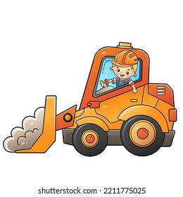 Cartoon bulldozer with worker. Construction vehicles. Colorful vector illustration for children.