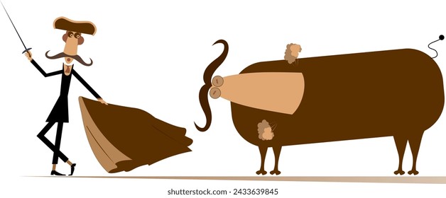 Cartoon bullfighter and the angry bull. 
Cartoon long mustache bullfighter with a sword and matador cape stays in front of the angry bull. Isolated on white background
