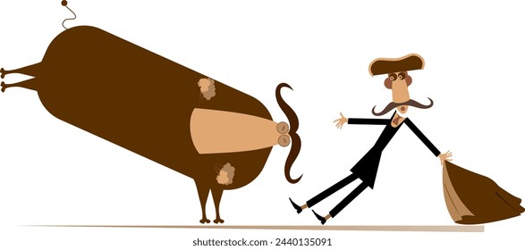 Cartoon bullfighter and a bull. 
Angry bull and long mustache bullfighter with a matador cape. Isolated on white background
