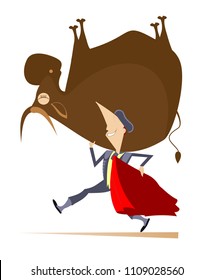 Cartoon bullfighter and bull illustration. Cartoon brave bullfighter carries a defeated bull on his shoulder and a cloak of the matador isolated on white illustration vector
