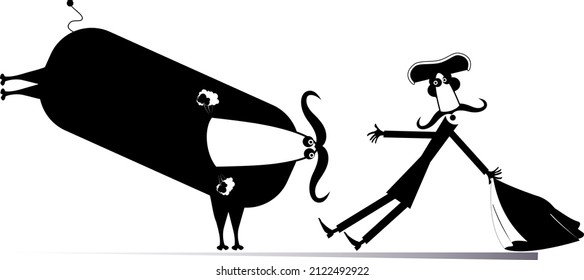 Cartoon bullfighter and a bull isolated illustration. 
Cartoon long mustache bullfighter with a matador cape and angry bull black on white background
