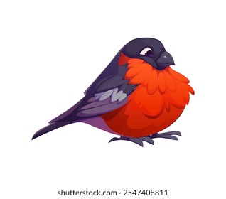 Cartoon bullfinch Christmas animal character. Isolated vector strikingly plump bird with distinctive black cap, vibrant red breast, and gray wings, thrives in woodlands and gardens, known for its song