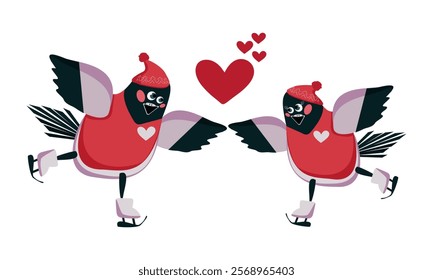 Cartoon bullfinches in love on skates. Vector illustration for packaging design, cards, banners, prints for clothes