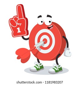 cartoon bull's eye target character mascot with the number 1 one sports fan hand glove on a white background