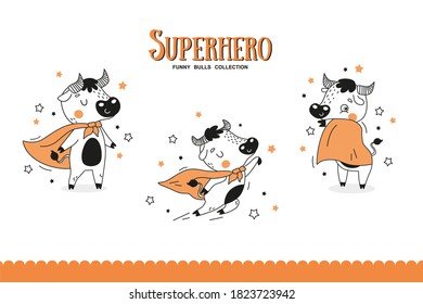 Cartoon bulls superhero collection. Cute Hand drawn kids doodle vector illustration. Animal icons character.