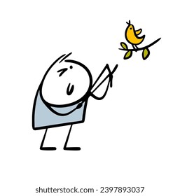 Cartoon bully aimed a slingshot at a live bird on a tree branch. Vector illustration of cruelty to animals and nature. Isolated ugly character on white background.