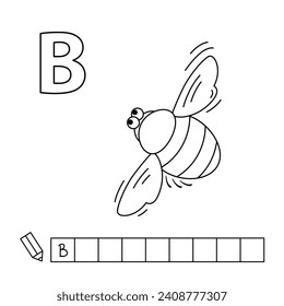 Cartoon bumblebee coloring pages. Learning game for small children - write a word in English language. Vector alphabet for kids