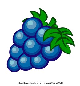 Cartoon bunch of blue grapes with green leaves, icon