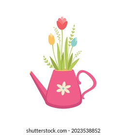 Cartoon bunch of colorful tulips in pink watering pot vector illustration