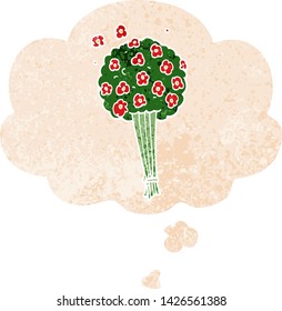 caricatura ramo de flores con burbuja de pensamiento en un estilo retro angustiado y texturado