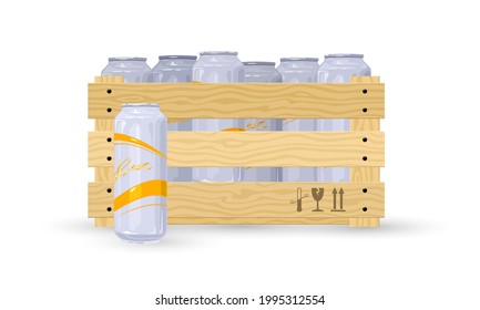 Cartoon bunch of lager or light beer drink in wooden box. Vector shipment to stores, alcohol transport, night club beverage, booze and alcohol export concept isolated on white background