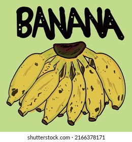 Cartoon Bunch of Yellow Bananas drawing. hand drawn Banana bunch Summer fruit artistic style