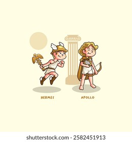 cartoon bundle of cute mascots of Greek gods Hermes and Apollo posing in the palace yard