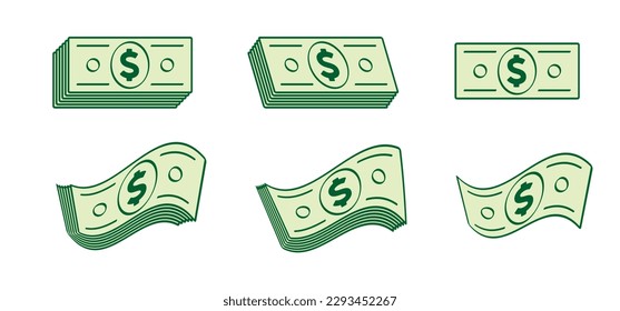 Cartoon bundle usa paper money icon or logo. Vector dollar, money notes or money bill. Bills for cash and currency. Banknotes, banking finance investment. America, vs flag. Portrait, profile picture.