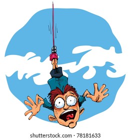 Cartoon bungee jumper falling in fear. Blue sky behind