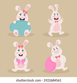 Cartoon Bunnies Character With Easter Eggs On Beige Background.