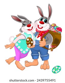 Cartoon bunnies with Easter eggs. The hares smile and hold Easter-colored eggs in their paws.
