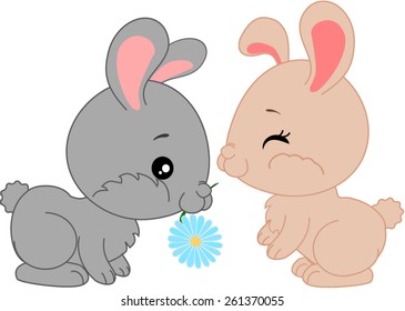 Cartoon bunnies with flower
