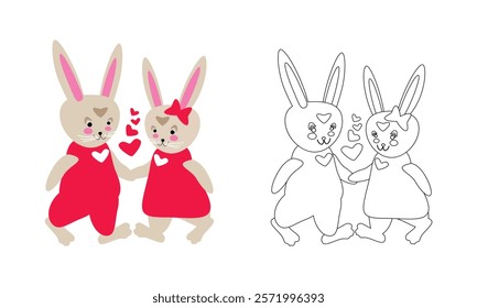 Cartoon bunnies in love in red clothes. Vector illustration for children's coloring pages, outline and example in color