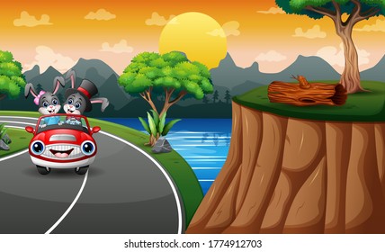 Cartoon bunnies riding a car along the road