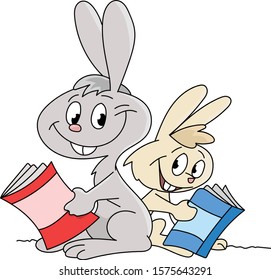 Cartoon bunnies sitting back to back reading books vector illustration