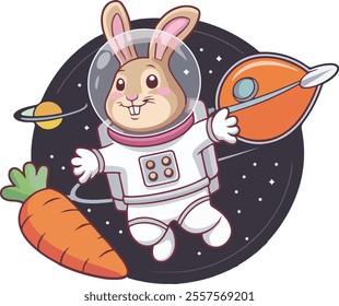  cartoon bunny astronaut floats in space, holding a spaceship part, with a carrot nearby.