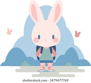 A cartoon bunny with a backpack in mountain scenery