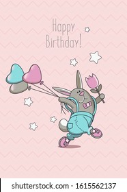 Cartoon bunny with balloons for a birthday. Cheerful hare in a hurry for the holiday. Design in a flat style for poster, postcard, invitation, message, flyer.