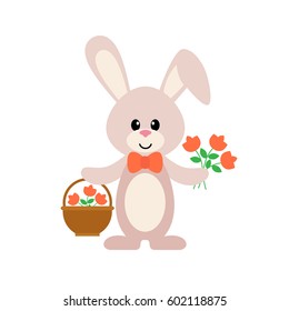 cartoon bunny with a basket and flowers set