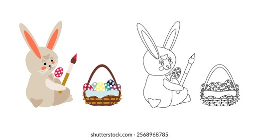 Cartoon bunny with basket paints Easter egg with brush. Vector illustration for children's coloring pages, outline and example in color