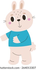 A cartoon bunny with a blue shirt and rosy cheeks in a playful stance. The rabbit has a friendly expression and simple line details. Cartoon vector illustration.