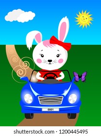 Cartoon bunny in the car rides on the road and sees a butterfly sat on the mirror. Vector Illustration